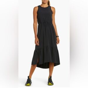 Zella Drawcord Waist Tiered Midi Dress in Black